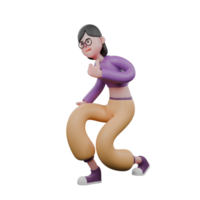 Cartoon Dancer in 3D Model. A female dancer squats facing right while her left hand points her thumb. Performance Talent png