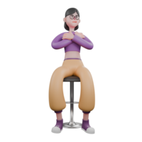 Cartoon Dance Performer Character. A female dancer sits on a bar stool while folding both hands touching her shoulders. Dance Star Model png