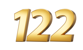 3d number 122 one hundred twenty two one Gold text 3d illustration png