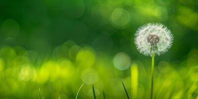 A single dandelion seed head with a blurred green background of grass and bokeh. photo