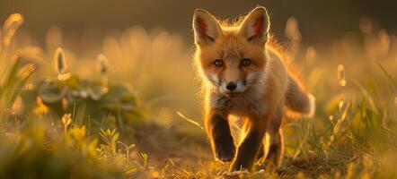 A young red fox walks through a field of tall grass, bathed in golden sunlight, with the sun shining on its fur. photo