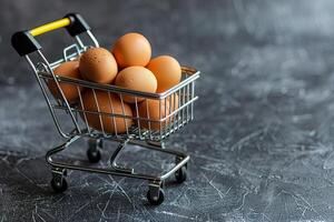 A miniature shopping cart overflowing with brown eggs, a simple yet powerful image representing grocery shopping, abundance, and the essentials of life. photo