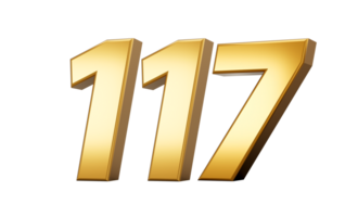3d number 117 one hundred seventeen Gold text 3d illustration png