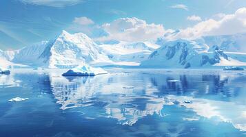 A breathtaking view of a snowy mountain range reflected in the calm waters of a glacial lake. photo