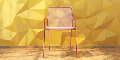 Pink chair in front of yellow geometric wall. photo
