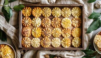 A wooden tray filled with yellow star-shaped cookies arranged in a pattern, with a few leaves on the sides. photo