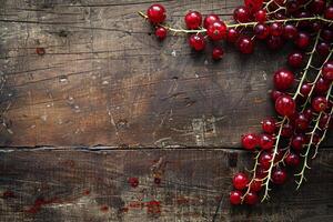Red currants on a rustic wooden table with copy space. photo