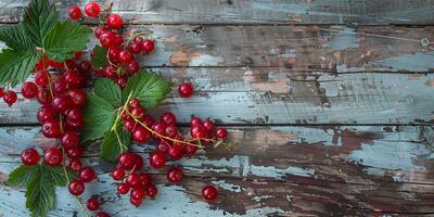 Fresh red currants with green leaves on a rustic wooden background. photo