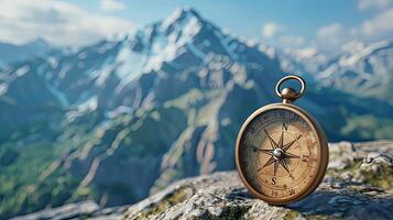 A compass sits atop a rocky mountain ridge with a snow-capped mountain range in the background. photo