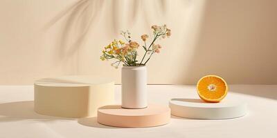 Minimalist composition with a can vase with delicate flowers, an orange slice, and three cylinder podiums on a beige background. photo