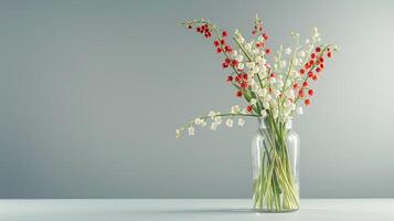 A bouquet of lily of the valley flowers in a glass vase on a white surface against a light grey background. photo