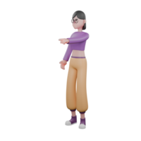 Dancer 3D Character Design. A female dancer stands facing right while her right hand points to the right. Performer png