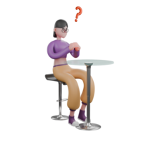 Cartoon Dance Star in 3D. A female dancer sits on a bar stool facing left while holding her hands while wondering and in front of her is a round table. Performer Character png