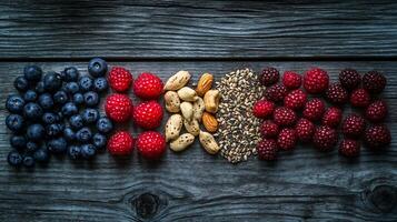 A variety of berries and nuts are arranged in a row photo