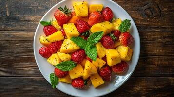 A plate of fruit salad with strawberries and mangoes photo