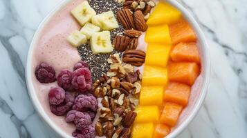 A bowl of fruit and nuts with a smoothie photo