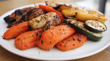 A plate of vegetables with a chicken on it photo
