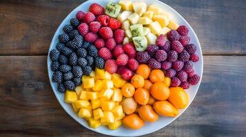 A platter of fruit on a wooden table photo