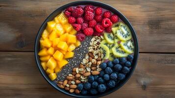 A bowl of fruit and nuts on a wooden table photo