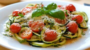 A plate of zucchini noodles with tomatoes and basil photo