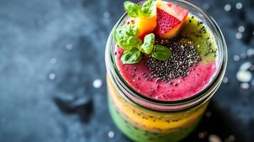 A colorful smoothie with fruit and chia seeds photo