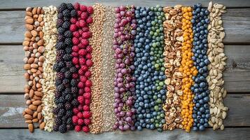 A variety of nuts and berries arranged in a square photo