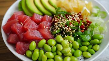 A bowl of sushi with tuna, avocado, green beans and sesame seeds photo