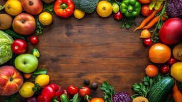 A wooden table with a variety of fruits and vegetables photo