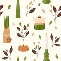 Cozy seamless pattern showcasing green leaves paired with decorative pine-scented candles. Design evokes warm, inviting atmosphere, ideal for nature-inspired projects, print, fabric home decor vector