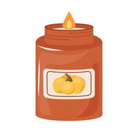 Candle in jar with scent of autumn and pumpkin pie. Scented candlelight with flame exudes cozy relax atmosphere Aromatherapy, relaxation, home decoration. Flat illustration isolated on white vector