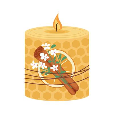 Handmade honeycomb wax candle decorated with dried orange, cinnamon and flowers. Candlelight with flame exudes cozy relax atmosphere Aromatherapy, relaxation, home decoration. Flat illustration