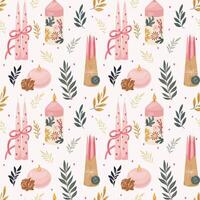 Festive seamless pattern in pink and gold, adorned with candles, leaves and hearts. Charming design brings warmth and elegance, making it ideal for decor, invitations, and special celebrations vector