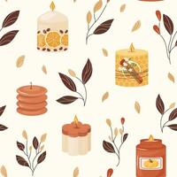 Cozy autumn pattern with bright leaves, flickering candles creates charm and nostalgia mood. Warm shades of seamless background create coziness and tranquility, ideal for print, fabric, textile vector