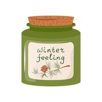 Candle in glass jar with scent of pine. Scented candlelight with flame exudes cozy relax atmosphere Aromatherapy, relaxation, home decoration. Flat illustration isolated on white background vector