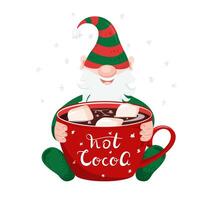 Cute Christmas character. Christmas elf, gnome sits with a cup of hot cocoa. illustration in flat style with New Year mood. Hand lettering. vector
