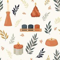 Warm autumn design with vibrant leaves and glowing candles evokes charm and nostalgia Rich colors of seamless background provide cozy, tranquil atmosphere, perfect for prints, fabrics, textiles vector