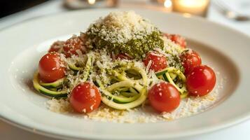 A plate of pasta with tomatoes and cheese photo