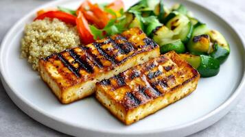 Grilled tofu with vegetables on a plate photo