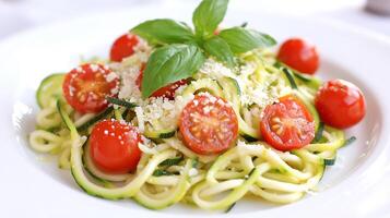 A plate of pasta with tomatoes and zucchini photo