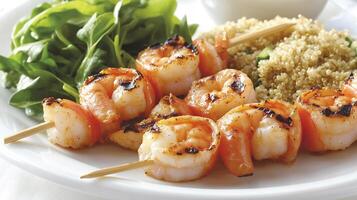 Grilled shrimp skewers with couscous and salad photo