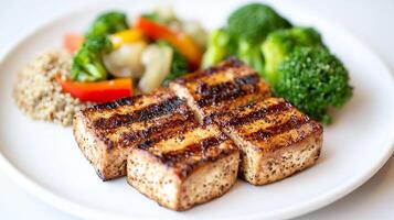 Grilled tofu with broccoli and vegetables on a white plate photo