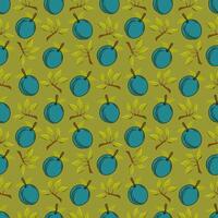 Seamless pattern with the image of plum and twigs on a green background. vector