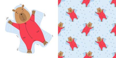 Seamless pattern with capybara making snow angels. vector