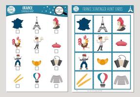 French scavenger hunt cards set. Seek and find game with cute Eiffel Tower, croissant, baguette for kids. Searching activity with symbols of France. Simple educational printable worksheet vector