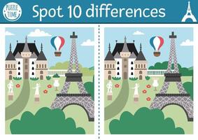 Find differences game for children. Educational activity with cute scene in park, castle, Eiffel Tower. Puzzle for kids with funny French scenery. Printable worksheet or page with France symbol vector