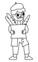 Black and white man in beret with paper bag with baguettes. boy line illustration. Cute character icon or coloring page vector