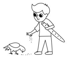 Black and white boy feeding pigeon. Cute character line icon isolated on white background. Funny kid with baguette illustration or coloring page vector