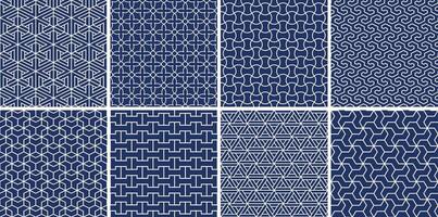 Collection of blue seamless ornamental patterns. Color oriental symmetry backgrounds. Geometric tile mosaic design. Grid textures - decorative outline prints vector