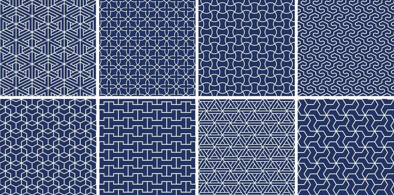 Collection of blue seamless ornamental patterns. Color oriental symmetry backgrounds. Geometric tile mosaic design. Grid textures - decorative outline prints