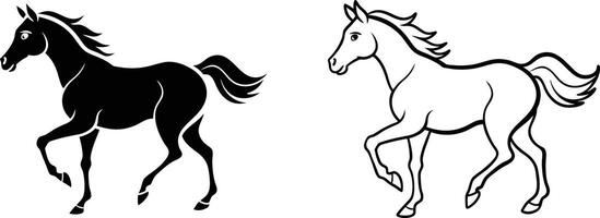 Two illustrations of a running horse, one in solid black and the other in outline, both facing left. vector